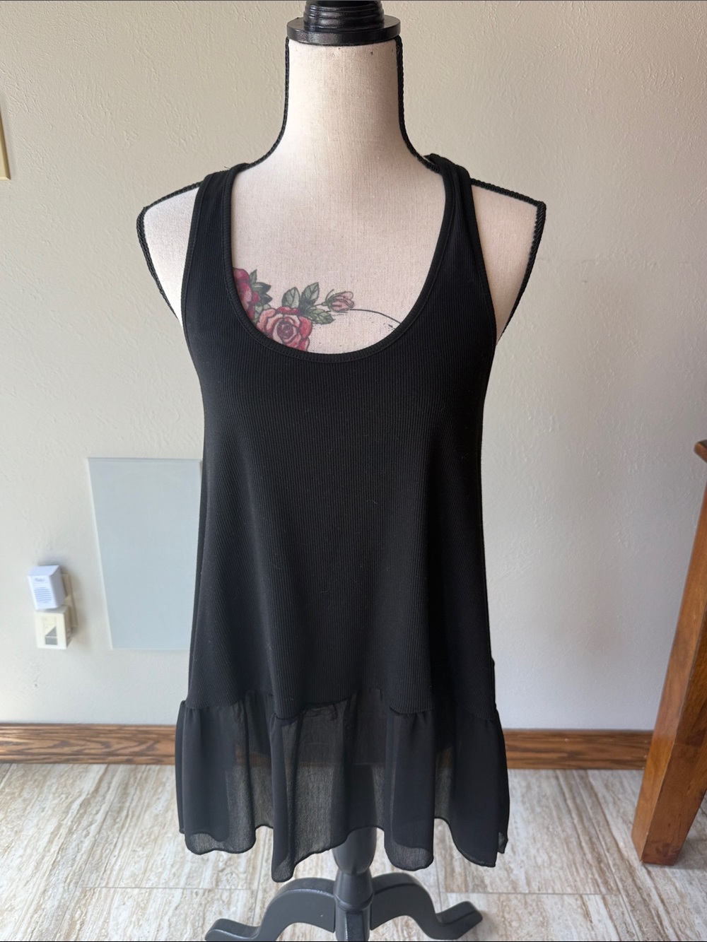 Umgee Black Ribbed Tank with Sheer Chiffon Ruffle Hem